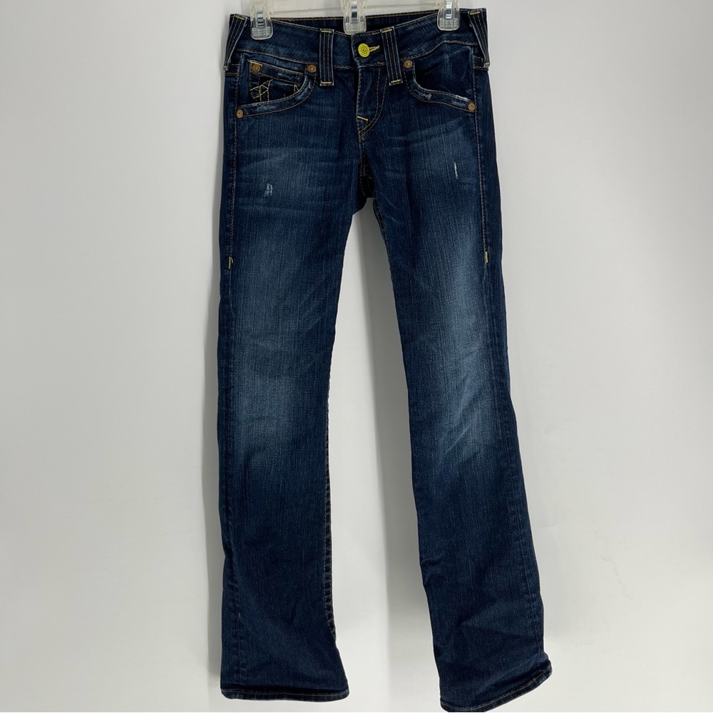 True Religion Women’s Jeans Dark Wash Blue Flare Size 27 Distressed Denim Pants